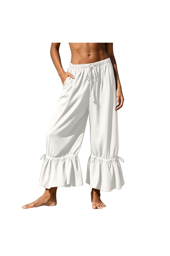 Flowy Wide Leg Pants for Women Plus Size Drawstring Long Pant Ruffle Pants with Pockets Adjustable Cuffs Clothes