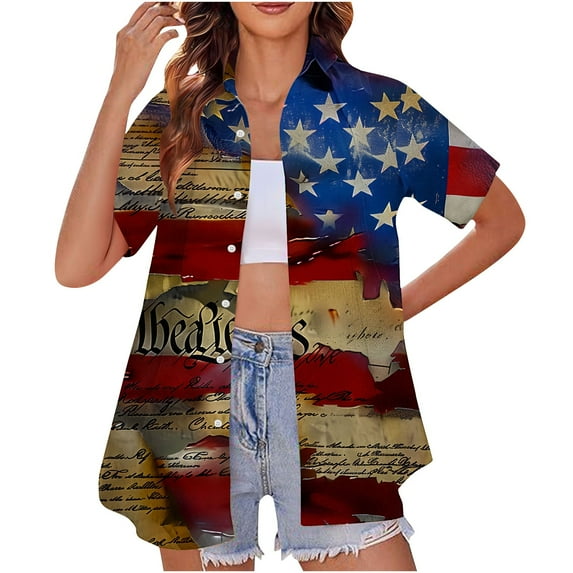SOOMLON Fourth of July Button down Shirts for Women Button Down Usa Flag Shirts Lapel Neck 4th of July Tops Short Sleeve Going out T-Shirt Flattering Tee Blouse Apparel