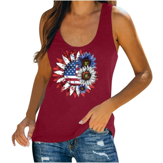 SOOMLON Fourth of July Loose Tank Tops for Women Sunflower Distressed Usa Flag Shirts Crew Neck 4th of July Tops Sleeveless Funny T-Shirt Loose Fitting Tee Blouse Apparel