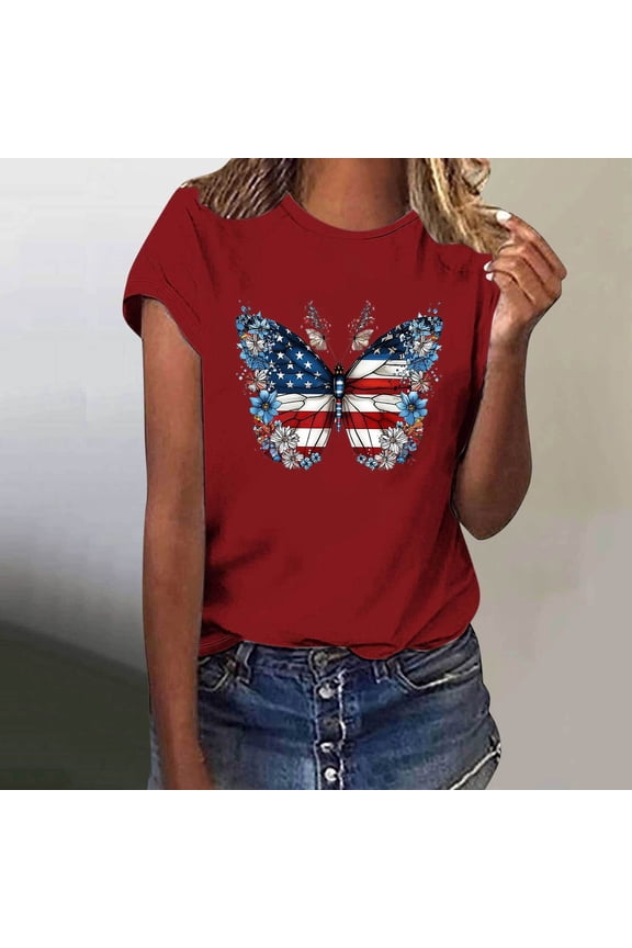 Fourth of July Tshirts Shirts for Women Butterfly Usa Flag Shirts Crew Neck 4th of July Tops Short Sleeve Golf T-Shirt Curvy Tee Blouse Apparel