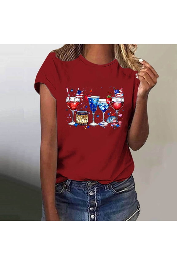 Fourth of July Womens Short Sleeve Tops Wine Glass Usa Flag Shirts Crew Neck 4th of July Tops Short Sleeve Boho T-Shirt Golf Tee Blouse Clothing