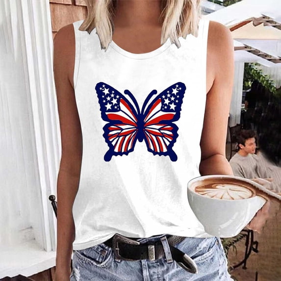 SOOMLON Fourth of July Womens Tops Tank Tops Butterfly Distressed Usa Flag Shirts Crew Neck 4th of July Tops Sleeveless Fitted T-Shirt Dressy Tee Blouse Outfits