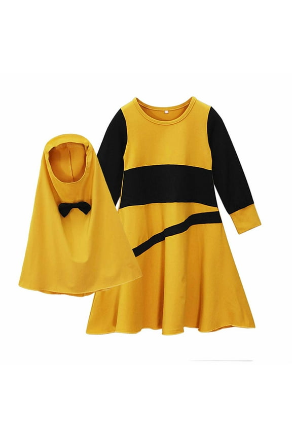 Girl's Islamic Dress Set Long Dress Long Sleeve Round Neck Patchwork Color Long Dress+headband Cover Two Piece Set Summer Dresses Ramadan Yellow 12-13 Years
