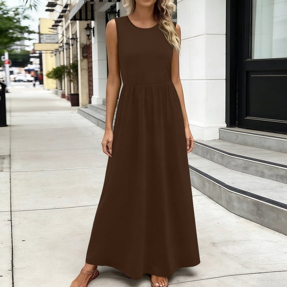 SOOMLON Going Out Dresses for Women Plus Size Crew Neck Sleeveless Ankle Length Dress A Line Tank Dress Boho Sundress