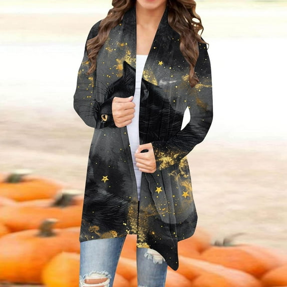 SOOMLON Halloween Cardigan Gnome Pumpkin Cardigan Cardigans Open-Front Long Sleeve Shirts for Women Hoodless Halloween Ghost Print Casual Shirt Jacket Cardigans Black M