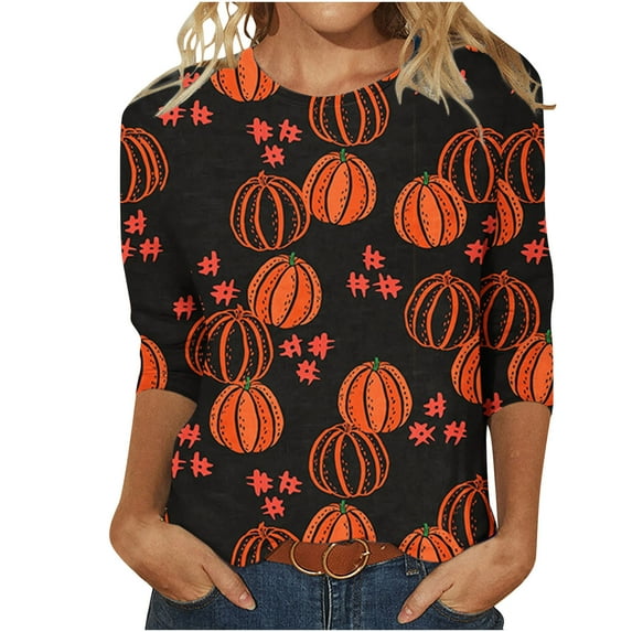SOOMLON Halloween Clothes for Women Gothic Clothing Halloween Sweatshirts for Women Vintage Halloween Tops 3/4 Sleeve Crew Neck Pumpkin Top Witch Costume Fall Shirts Black M