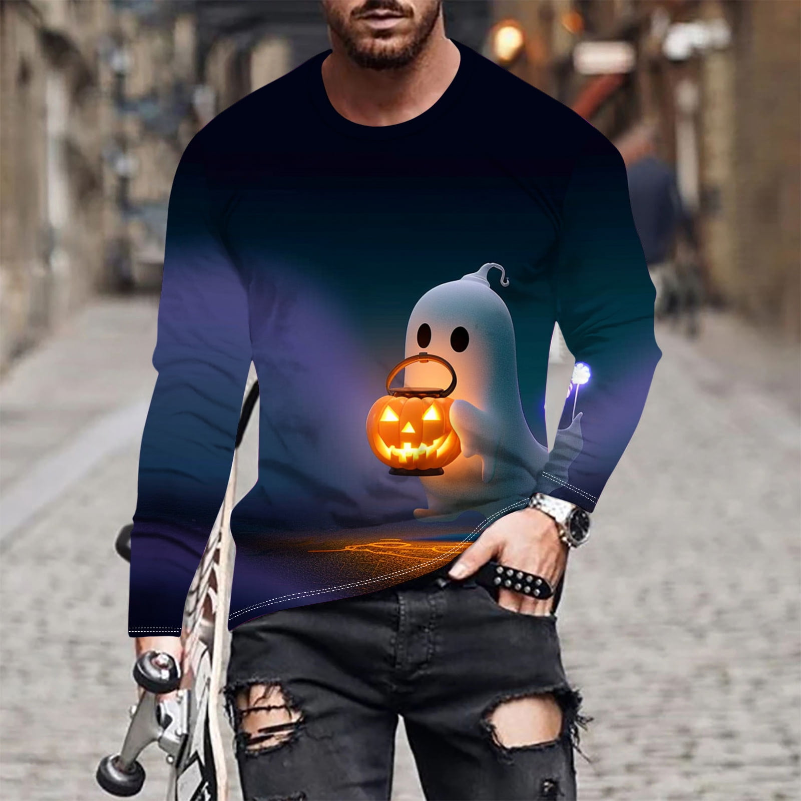 SOOMLON Halloween Shirts for Men Funny Plus Size Long Sleeve Ghost ...
