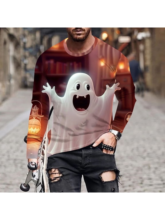 Halloween Shirts for Men Funny Plus Size Long Sleeve Ghost Pumpkin Outfits Crewneck Hand Prints Bats Party Attire Spider Witch Apparel Witch Hat Themed Clothing 3XL