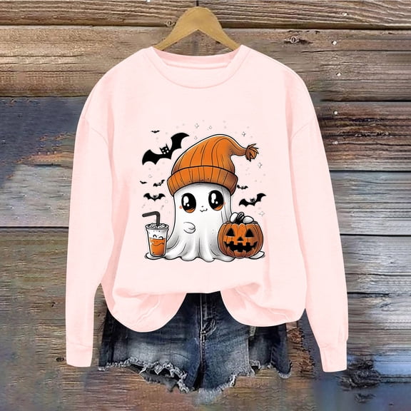 SOOMLON Halloween Shirts Plus Size Adult Halloween Witch T-Shirt Broom Witch Top Ghost Print Shirts Spider Web Graphic T-shirt Breakfast Letter Print Tops Pink 2XL