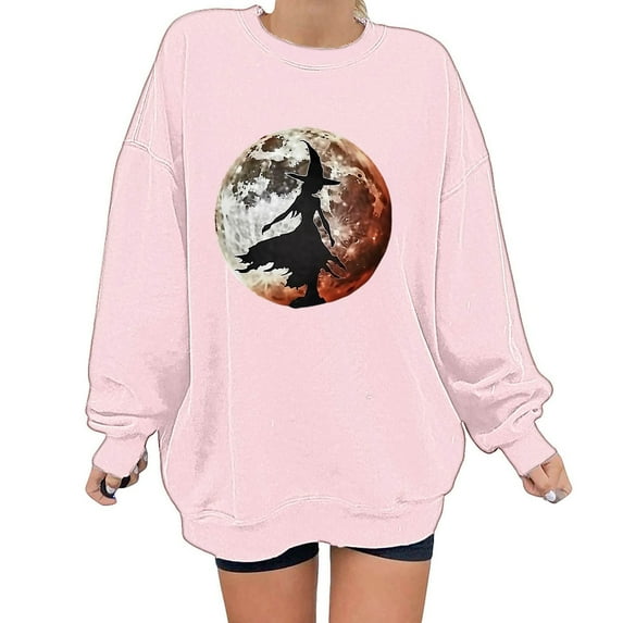 SOOMLON Halloween Shirts for Women Long Sleeve Witch Pumpkin Outfits Crewneck Hand Prints Bats Party Attire Spider Ghost Apparel Witch Hat Themed Clothing Pink L