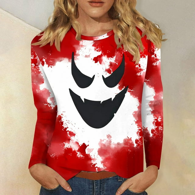SOOMLON Halloween Shirts for Women Plus Size Long Sleeve Pumpkin Themed