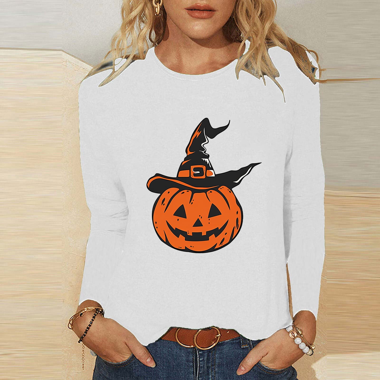 SOOMLON Halloween Shirts for Women Plus Size Long Sleeve Witch Hat ...