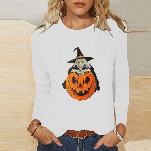 SOOMLON Halloween Shirts Women Plus Size Long Sleeve Witch Hat Pumpkin Themed Clothing Crewneck Hand Prints Bats Apparel Spider Ghost Party Attire Witch Outfits White XL