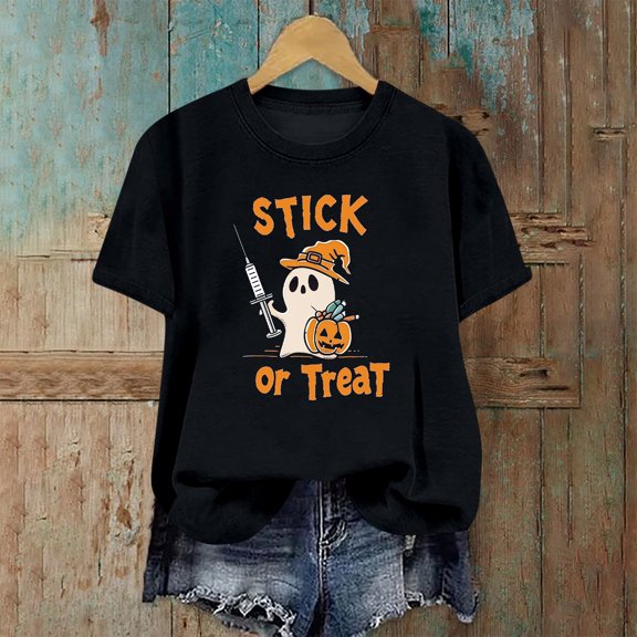 SOOMLON Halloween Shirts for Women Plus Size Short Sleeve Ghost Pumpkin Party Attire Crewneck Hand Prints Bats Themed Clothing Spider Witch Outfits Witch Hat Apparel Black 2XL