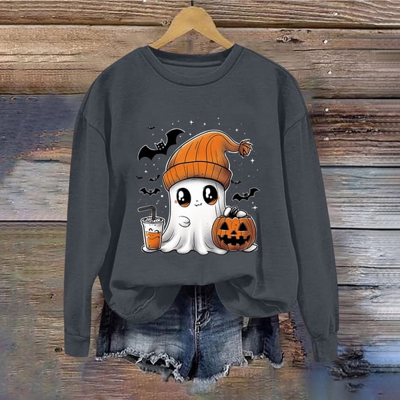 SOOMLON Halloween Sweatshirts Women Halloween Witch T-Shirt Broom Witch Top Ghost Print Shirts Spider Web Graphic T-shirt Breakfast Letter Print Tops Gray XL