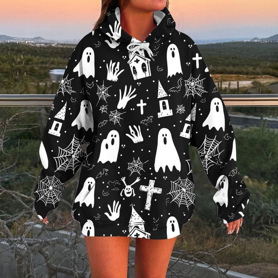 SOOMLON Halloween Sweatshirts Women Plus Size Long Sleeve Hoodies Top Skeleton Ghost Black Pullover Winter Party Outfits