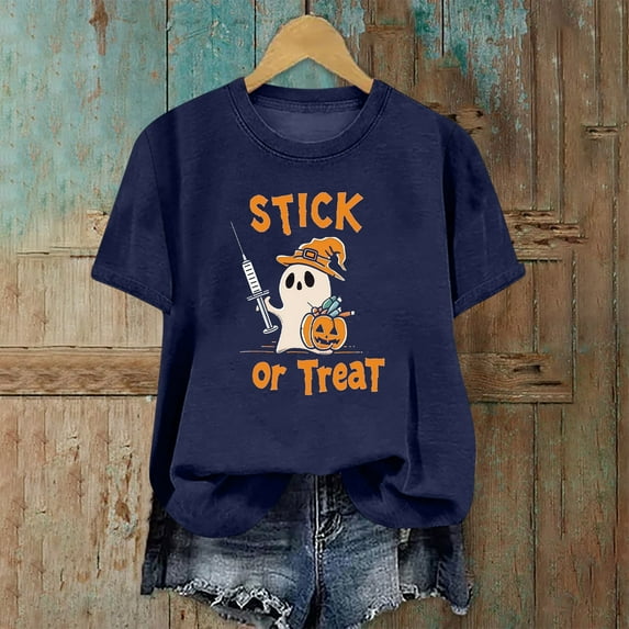 SOOMLON Halloween Tshirt for Women Plus Size Short Sleeve Ghost Pumpkin Party Attire Crewneck Hand Prints Bats Themed Clothing Spider Witch Outfits Witch Hat Apparel Blue L