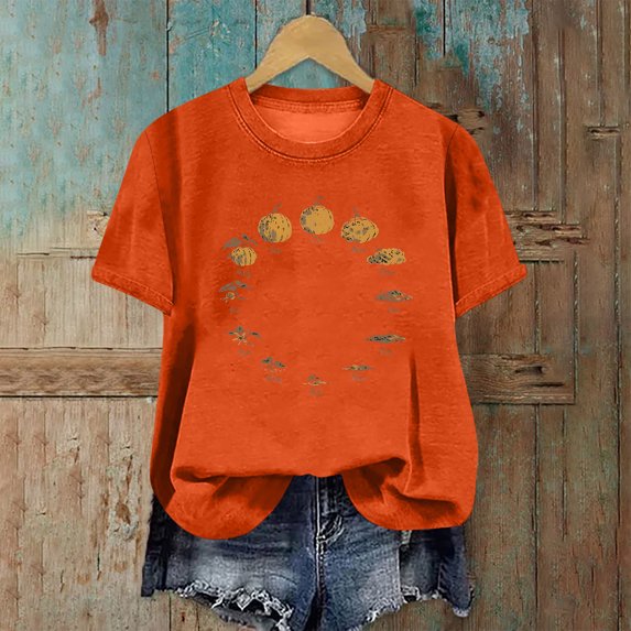 SOOMLON Halloween Tshirt Women Plus Size Short Sleeve Pumpkin Themed Clothing Crewneck Hand Prints Bats Apparel Spider Ghost Party Attire Witch Hat Witch Outfits Orange S