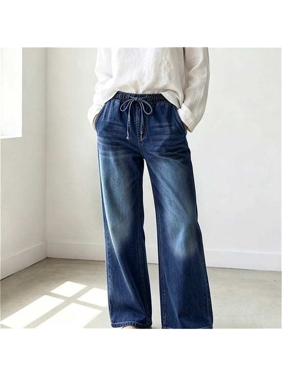 High Waist Pants Women Jeans Plus Size Drawstring Wide Leg Ankle Pant Pockets Denim Pants Commuting Work Trouser