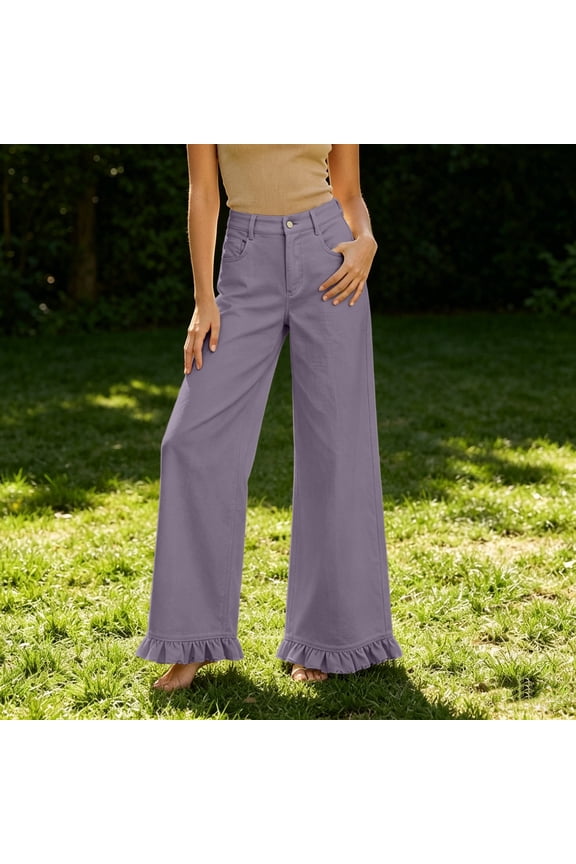 High Waisted Wide Leg Pants for Women Plus Size Button Trousers Ruffle Long Pants with Pockets Casual Clothes