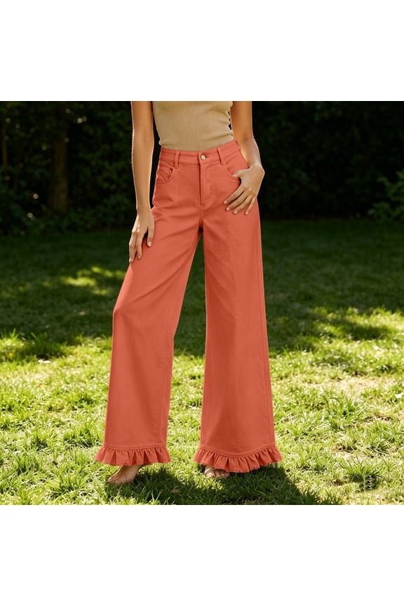 High Waisted Wide Leg Pants for Women Plus Size Button Trousers Ruffle Long Pants with Pockets Casual Clothes