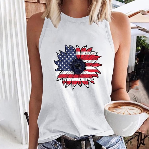 SOOMLON Independence Day Women's Tanks & Camis Sunflower Distressed Fourth of July Shirts Crew Neck Red White and Blue Tops Sleeveless Boho T-Shirt Loose Fit Tee Blouse Outfits