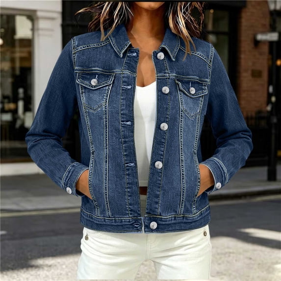 SOOMLON Jean Jacket for Women Plus Size Button down Cardigan Long Sleeve Collared Denim Coats Fall Tops with Pockets