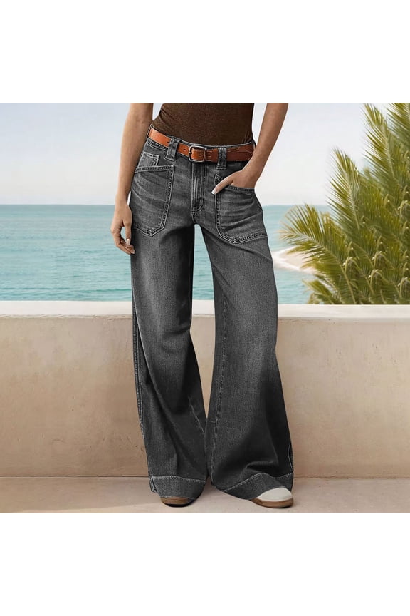 Jeans for Women Plus Size Wide Leg Denim Flared Pant Button Full Length Pants with Pockets Casual Daily Trousers