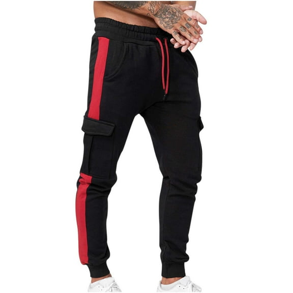 SOOMLON Jogger Pants for Men Casual Pants Pocket Comfy Pants Patchwork Elastic Waist Multiple Fitness Sport Pants Red XL