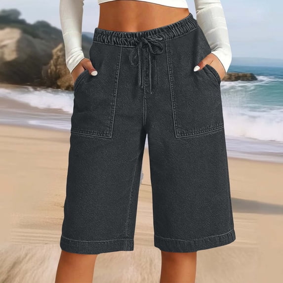 SOOMLON Jorts Women Plus Size Elastic Waist Drawstring Knee Length Shorts Denim Shorts with Pockets Casual Clothes