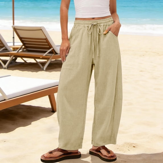 SOOMLON Khaki Pants for Women Plus Size Linen Barrel Pants Drawstring Trousers with Pockets Summer Beach Clothes