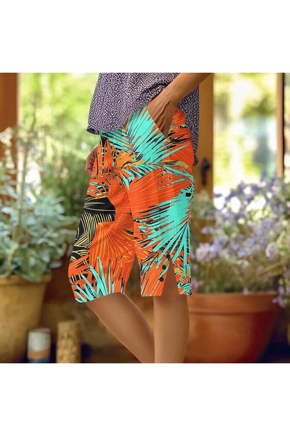Knee Length Shorts for Women Plus Size Elastic Waist Bermuda Shorts Print Boho Pants with Pockets Summer Clothes