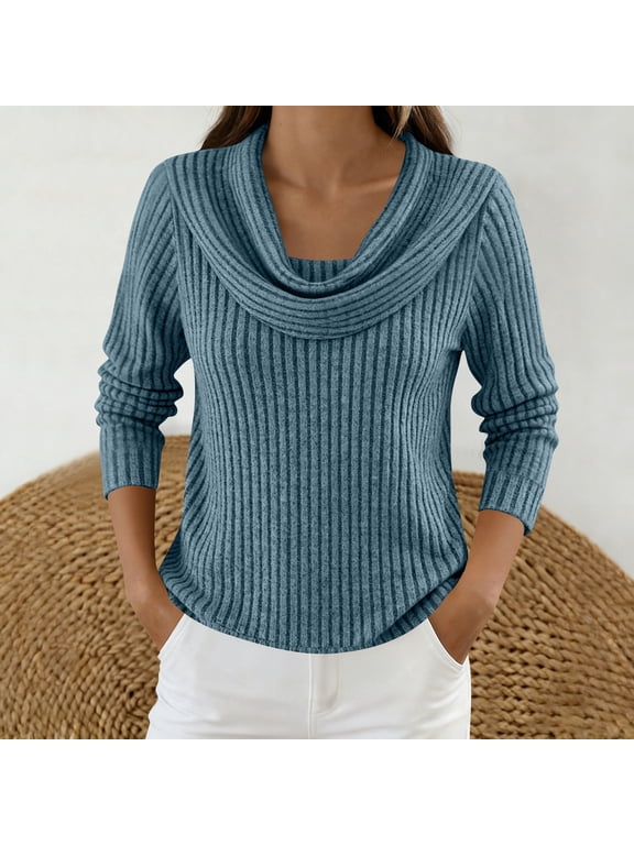 Knit Shirts for Women Long Sleeve Plus Size Cowl Neck Work Shirt Versatile Knit Ribbed Blouse Fall Winter Tops