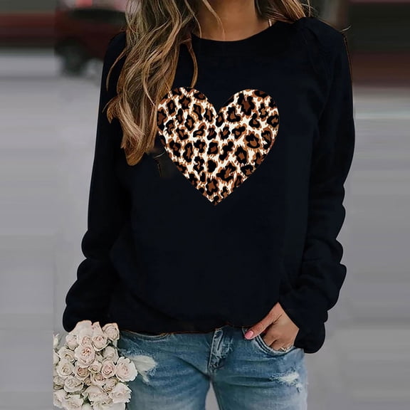 SOOMLON Ladies Valentines Day Blouses Lover Valentines Gift Casual Long Sleeve Round Neck Tops Cute Love Heart Print Blouses Trendy Holiday Clothes 2025 Black 2XL