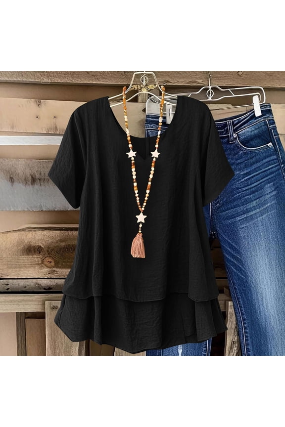 Lightweight Tops for Women Short Sleeve Plus Size T Shirt Smocked Crew Neck Blouse Solid Ruffle Hem Linen Top