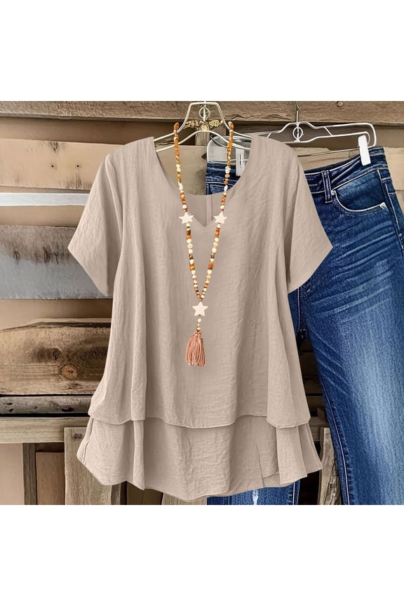 Lightweight Tops for Women Short Sleeve Plus Size T Shirt Smocked Crew Neck Blouse Solid Ruffle Hem Linen Top
