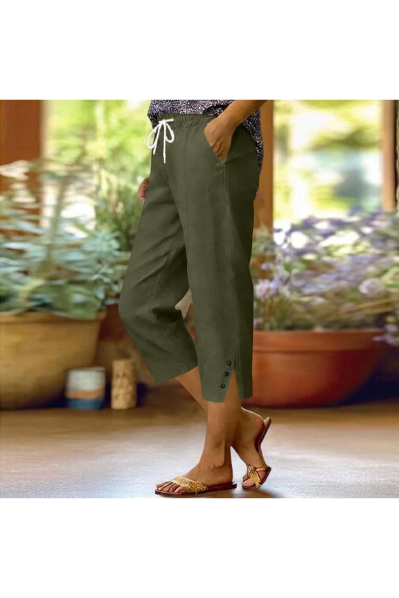 Linen Capris for Women Plus Size Straight Leg Split Chino Pants Drawstring Pants Casual Clothes with Pockets