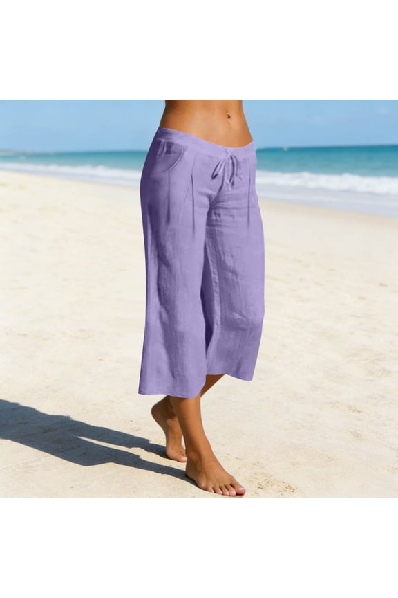 Linen Capris for Women Plus Size Wide Leg Drawstring Pant Ruched Low Waist Gaucho Pants Casual Wear with Pockets