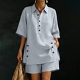 thumbnail image 1 of SOOMLON Linen Outfits for Ladies Plus Size Button Henley 3/4 Sleeve Blouse Elastic Waist Shorts Two Piece Matching Set, 1 of 7