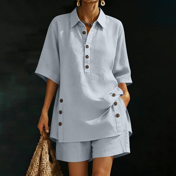 SOOMLON Linen Outfits for Ladies Plus Size Button Henley 3/4 Sleeve Blouse Elastic Waist Shorts Two Piece Matching Set