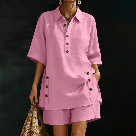 SOOMLON Linen Outfits for Ladies Plus Size Button Henley 3/4 Sleeve Blouse Elastic Waist Shorts Two Piece Matching Set
