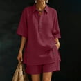 thumbnail image 1 of SOOMLON Linen Outfits for Ladies Plus Size Button Henley 3/4 Sleeve Blouse Elastic Waist Shorts Two Piece Matching Set, 1 of 7