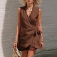 thumbnail image 1 of SOOMLON Linen Outfits for Ladies Plus Size V Neck Front Tie Sleeveless Shirts Asymmetrical Blouse Short Two Piece Sets, 1 of 8