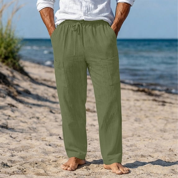 SOOMLON Linen Pants Men Big and Tall Pants Elastic Waist Drawstring Straight Leg Pants Cusual Trousers with Pockets