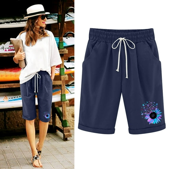 SOOMLON Linen Shorts for Women Plus Size Bermuda Shorts Stretchy Trendy Drawstring Hiking Shorts with Pockets Y2k Shorts Summer Print Shorts Cotton Linen Pants Navy XXL