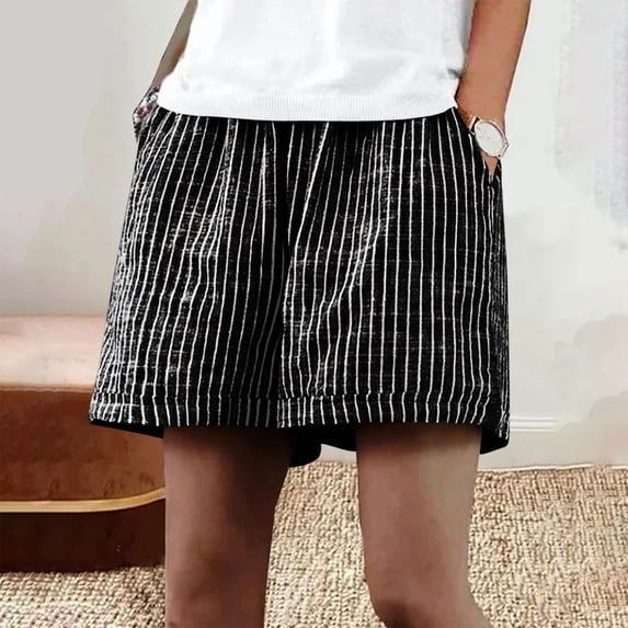 SOOMLON Linen Shorts Women Plus Size Elastic Waist Curvy Shorts Striped Shorts with Pockets Casual Weekend Clothes