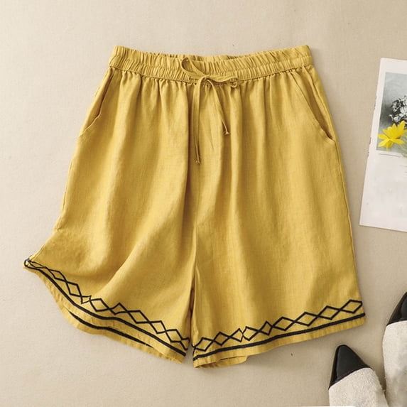 SOOMLON Linen Shorts Women Plus Size Elastic Waist Drawstring Shorts Flowy Chino Shorts with Pockets Casual Bottoms