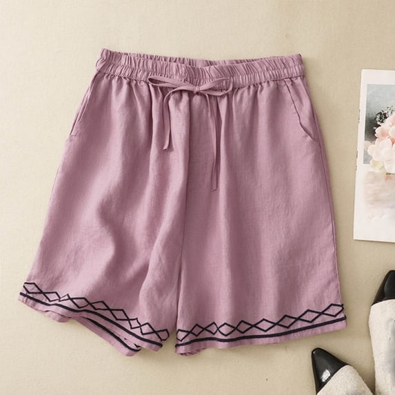 SOOMLON Linen Shorts Women Plus Size Elastic Waist Drawstring Shorts Flowy Chino Shorts with Pockets Casual Bottoms