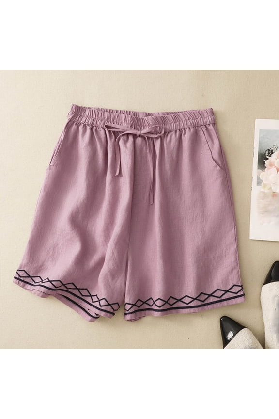 Linen Shorts Women Plus Size Elastic Waist Drawstring Shorts Flowy Chino Shorts with Pockets Casual Bottoms