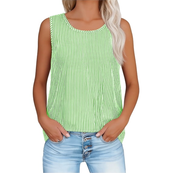 SOOMLON Linen Tank Tops for Women Plus Size Scoop Neck Sleeveless Crop Blouses Striped Linen Shirts Summer Clothes